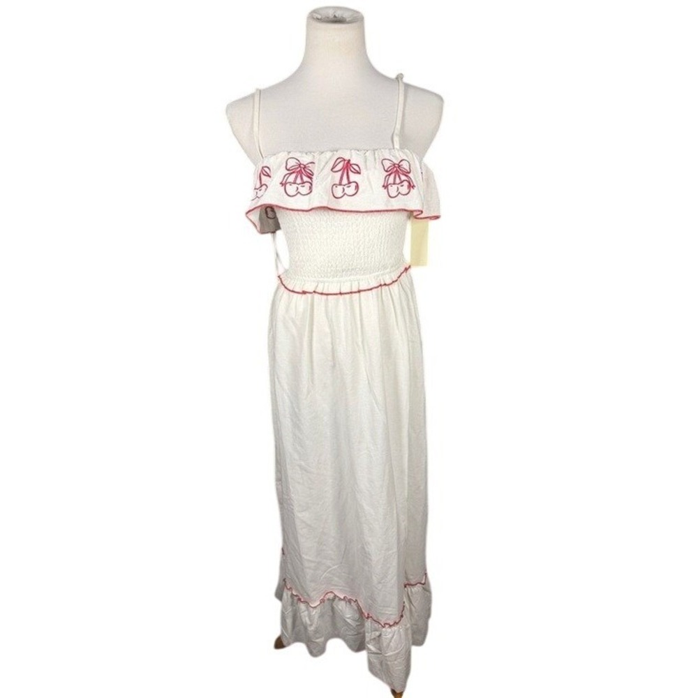 Thirty/Thirty L/A Cherry Embroidered Smocked Maxi Dress White Red XS NEW